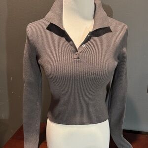 Zara Gray Long Sleeve Ribbed Polo Top